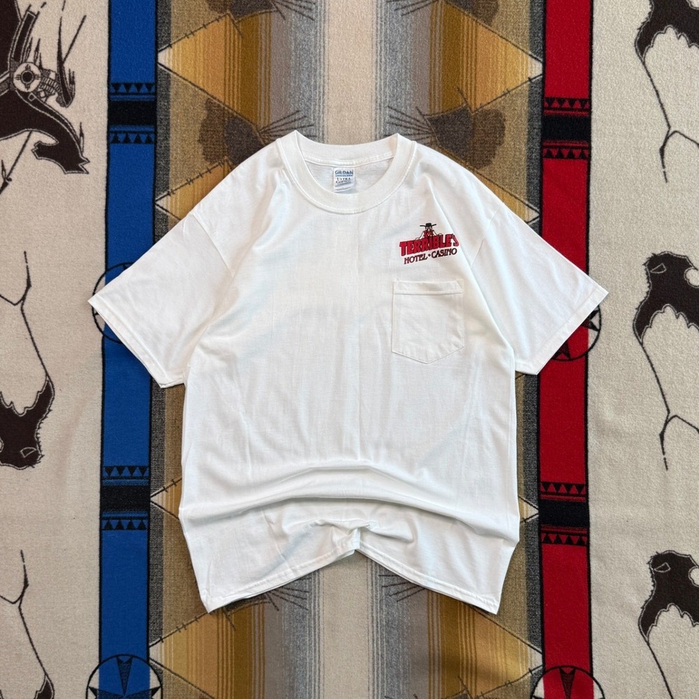 Terribles Hotel Casino Pocket T-Shirt Mens Large White Gildan Ultra Cotton Tee